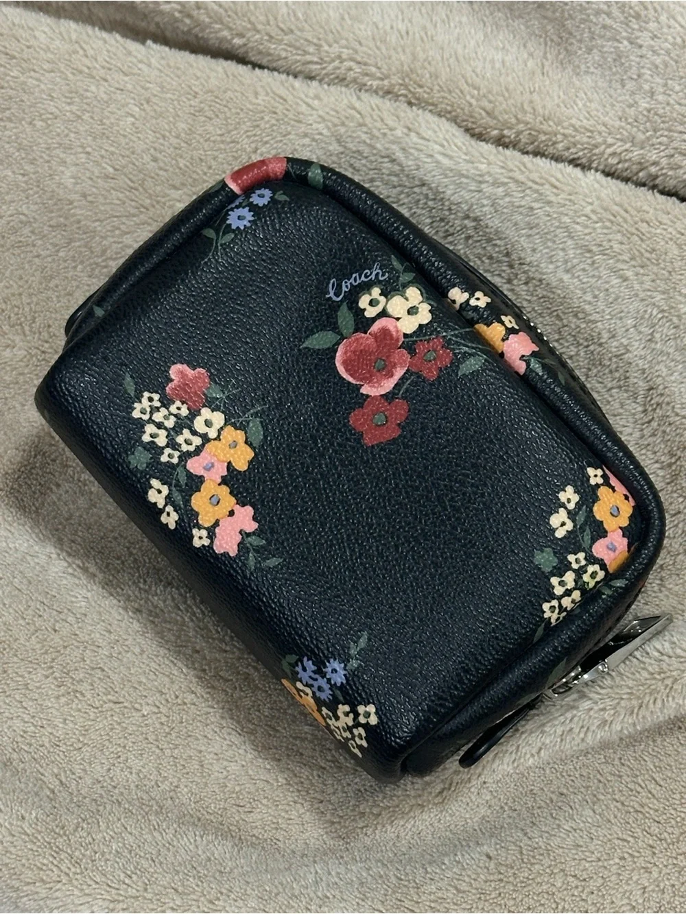COACH Black Floral Leather Cosmetic Case with Multicolor Blooms